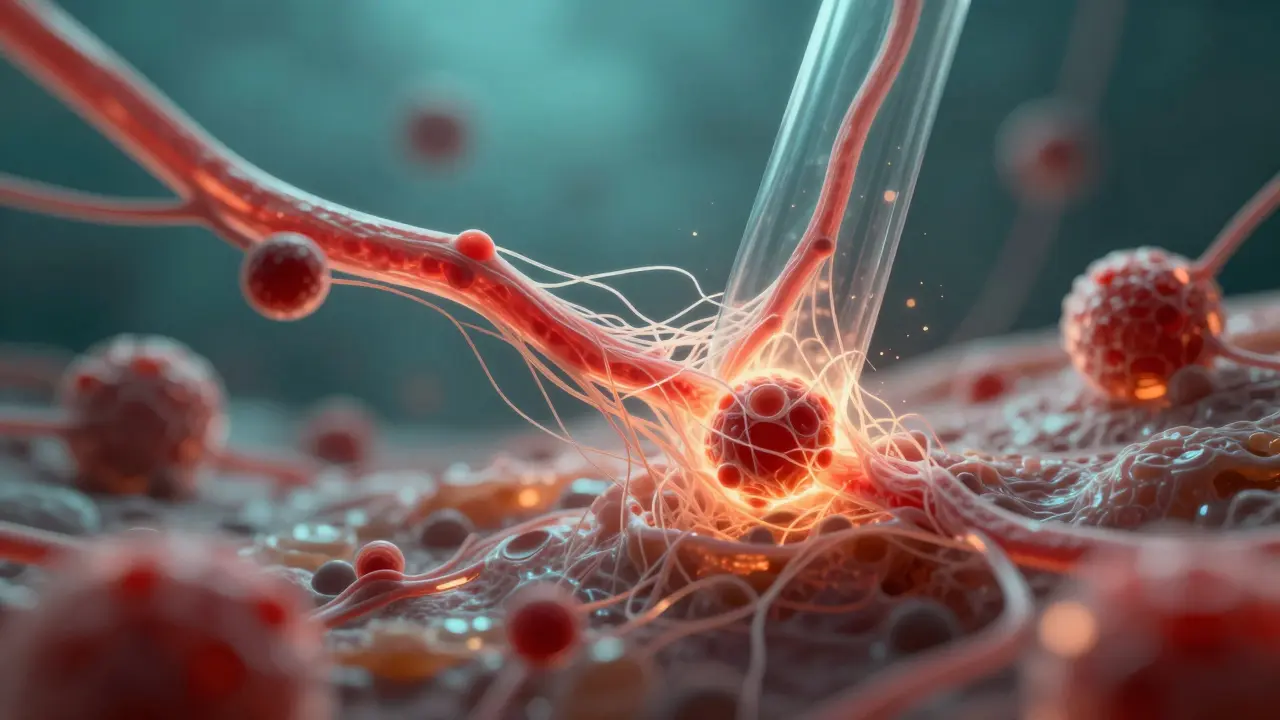 Mikroskopický pohled na uvolnění spojivové tkáně a zvýšený krevní oběh.