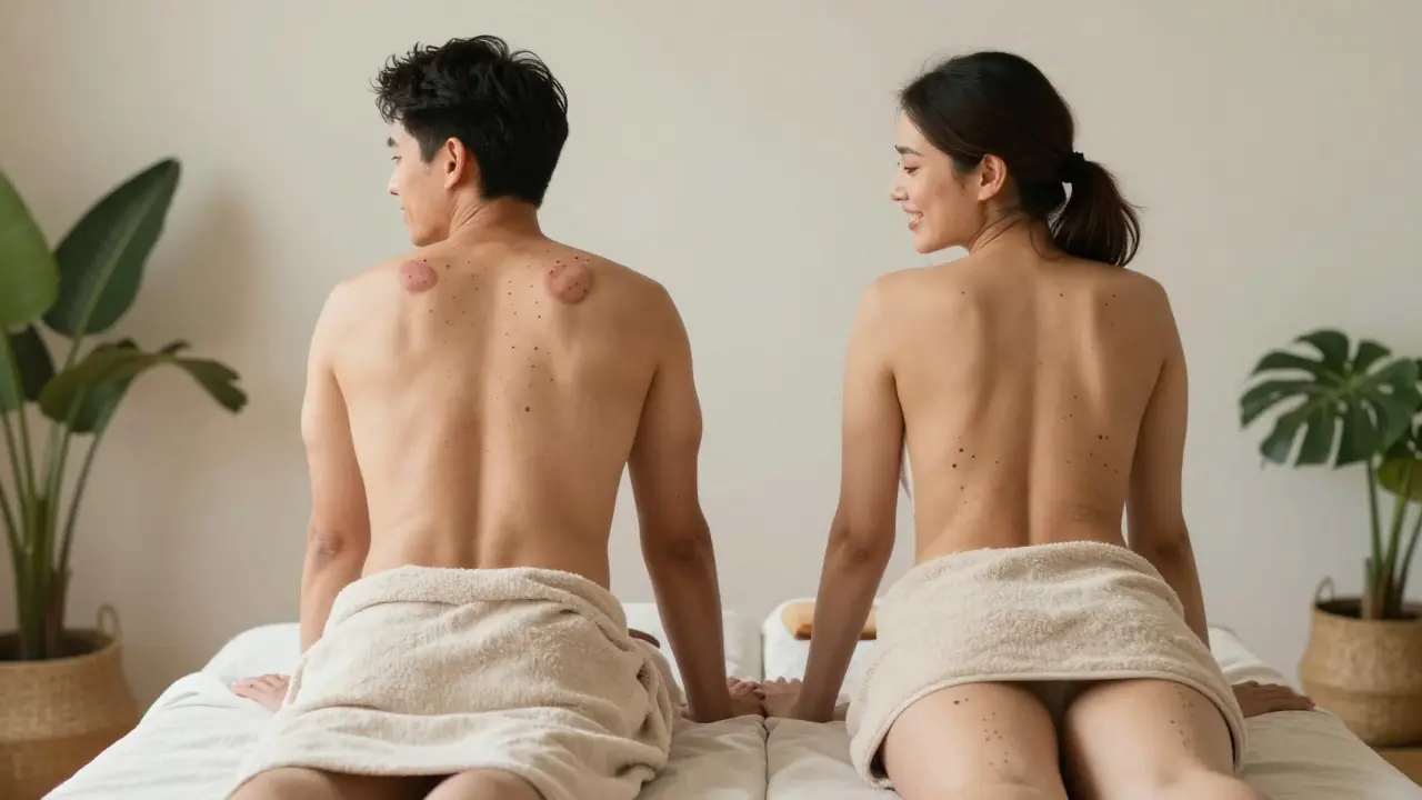 Muž a žena po baňkování s jemnými známkami na kůži v klidném prostředí.