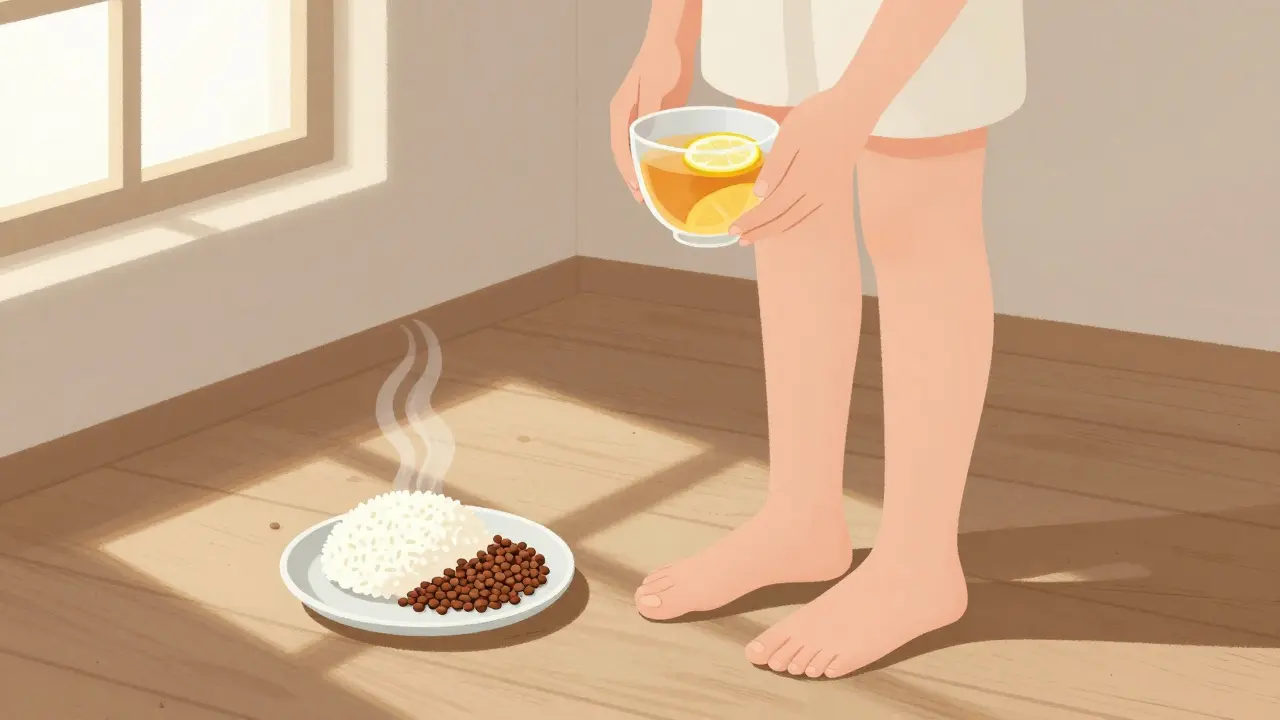 Osoba drží teplý čaj s citronem a křenem, vedle ní malá porce rýže s fazolemi, ranní světlo.