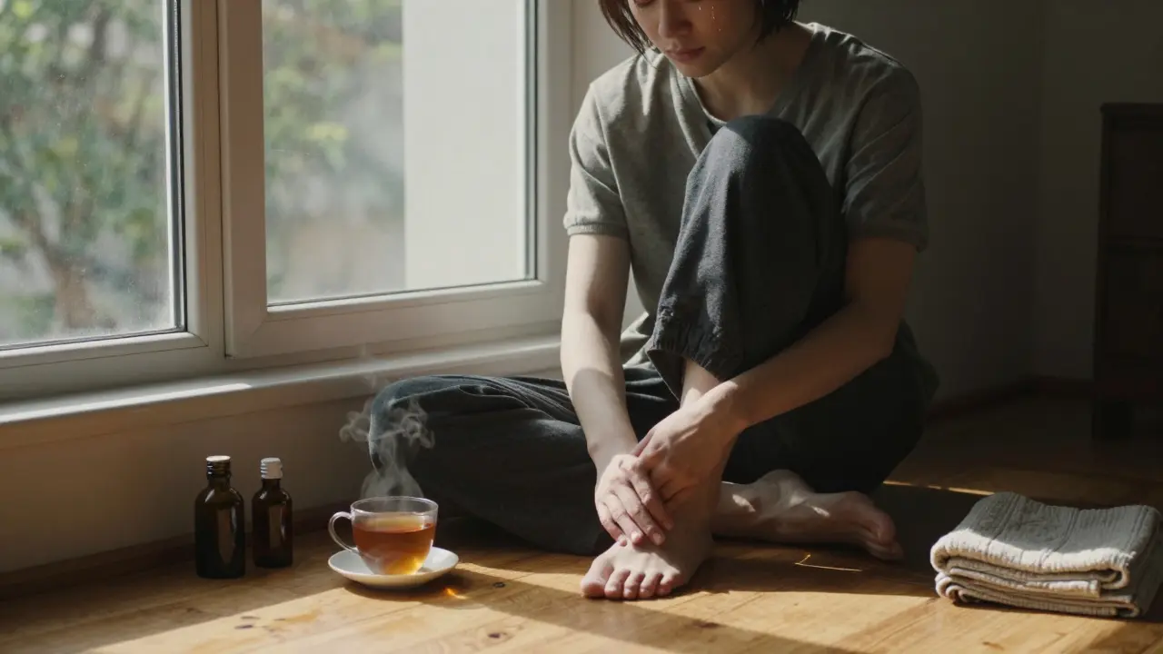 Osoba sedí na podlaze u okna, oči zavřené, jediná slza na tváři, teplé odpolední světlo a čaj na stole.