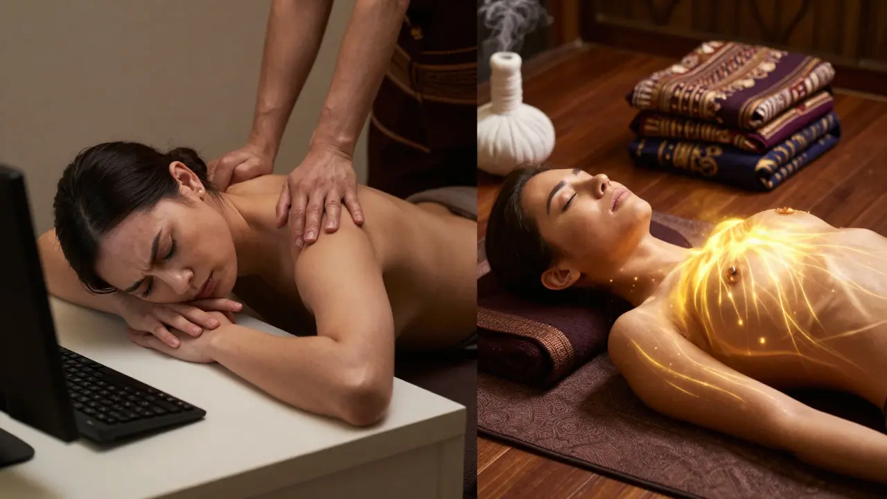 Porovnání před a po thajské masáži: napjatá postava u počítače vs. uvolněná osoba s jemně zářícími energetickými linkami.