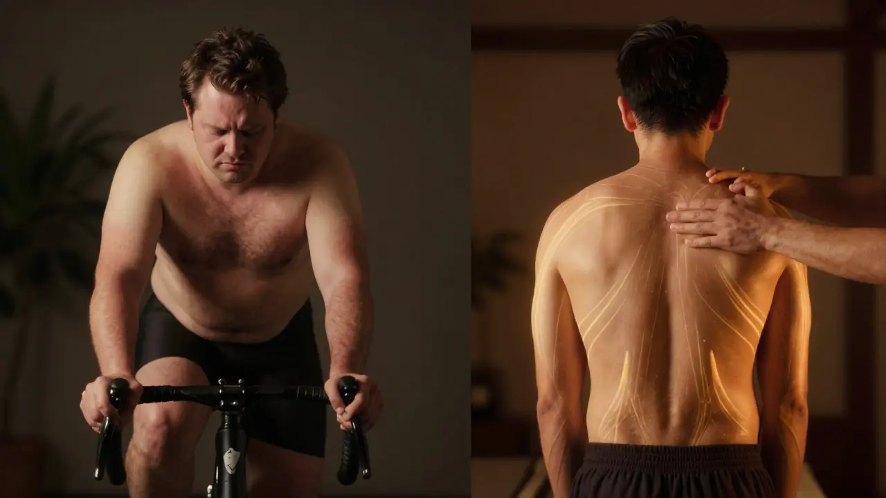 Porovnání před a po thajské masáži: unavený cyklista vs. obnovený sportovec s vylepšenou posturou a pohybem.
