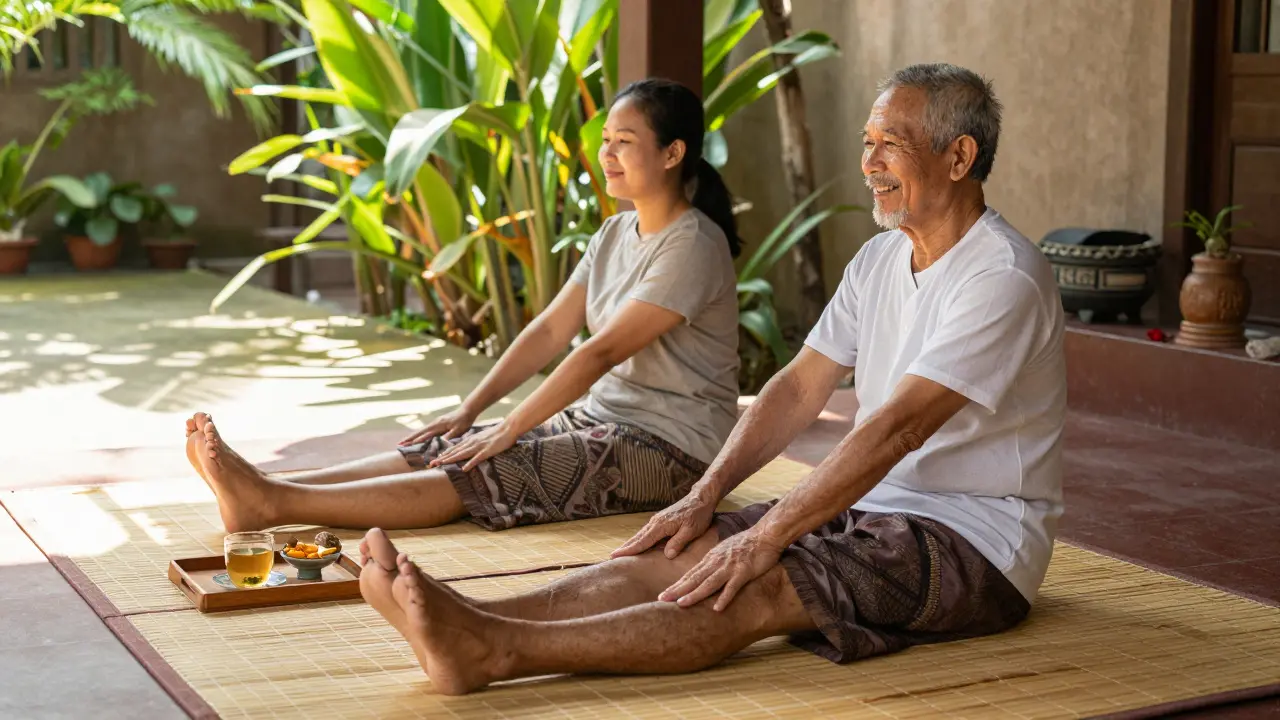 Starší muž a mladá žena po thajské masáži leží na bambusové mateřice, klidně se uvolňují v přírodním prostředí s bylinkovým čajem.
