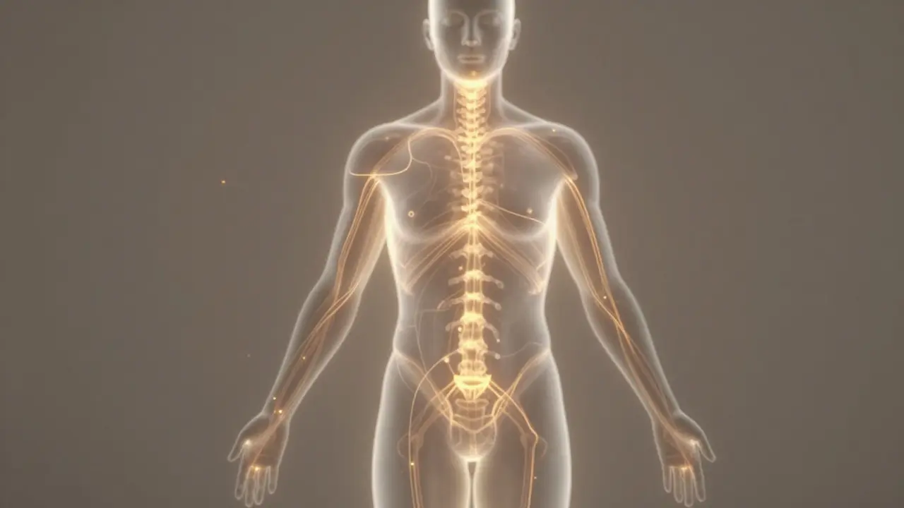 Translucentní silueta lidského těla s rozvětvenými zlatými energetickými cestami, osvětlená jemným zářivým světlem.