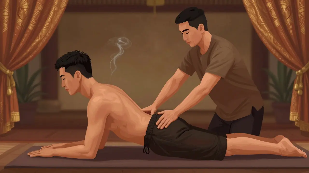 Triatlonista prochází aktivním stretchem během thajské masáže, masér ho jemně vede do hluboké pozice.