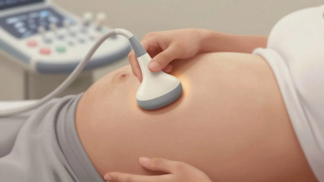 ultrazvukový snímač na břiše těhotné ženy