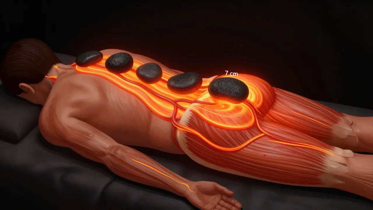 Vnitřní pohled na tělo během masáže lávovými kameny s tepelnými vlnami pronikajícími do svalů.