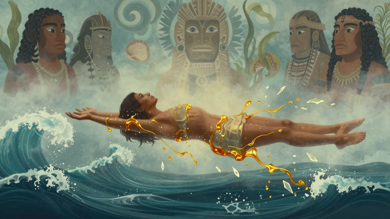 Abstraktní scéna těla pohlceného vlnami oleje a duchy přírody, symbolizující uvolnění emocionálních blokád.