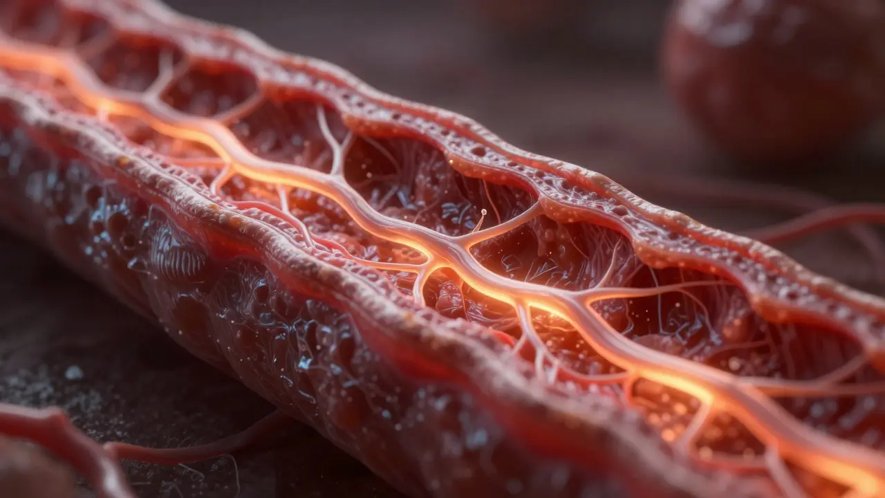 Detail svalové tkáně s prouděním živin a obnovou.