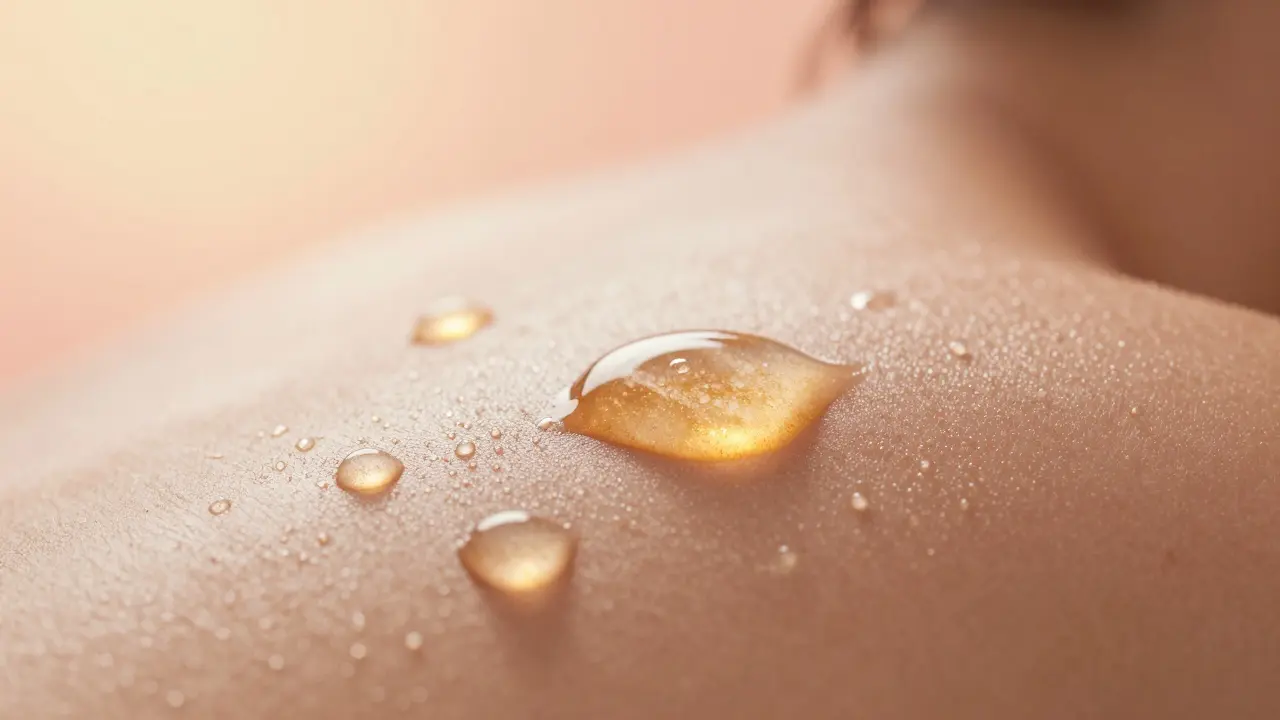 Detail vlhké kůže s kapkami hydratačního oleje v teplých barvách