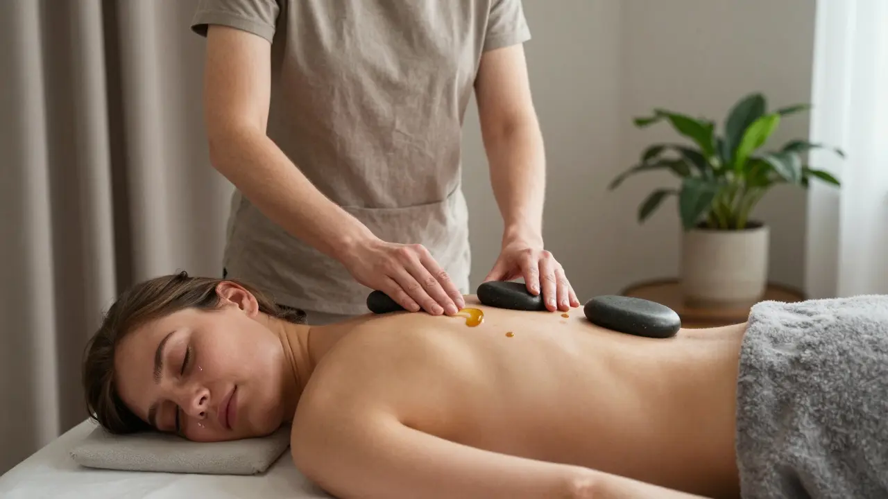 Moderní verze Lomi Lomi v Praze s teplými kameny a plynulými pohyby, zachycující okamžik klidu a emocionálního uvolnění.