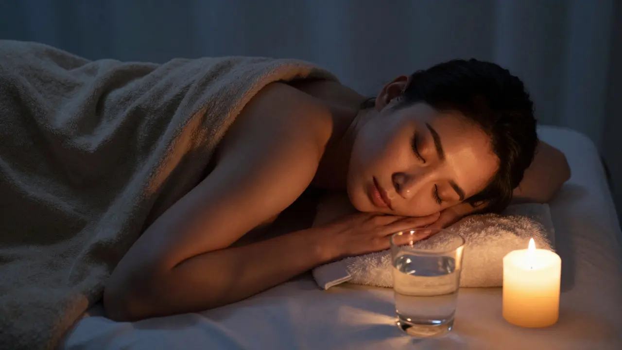 Osoba po masáži klidně spí pod dekou s sklenicí vody vedle sebe.