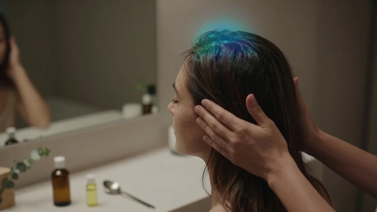 Osoba s očima zavřenými po masáži olejem, s jemným zářivým světlem na skalpu.