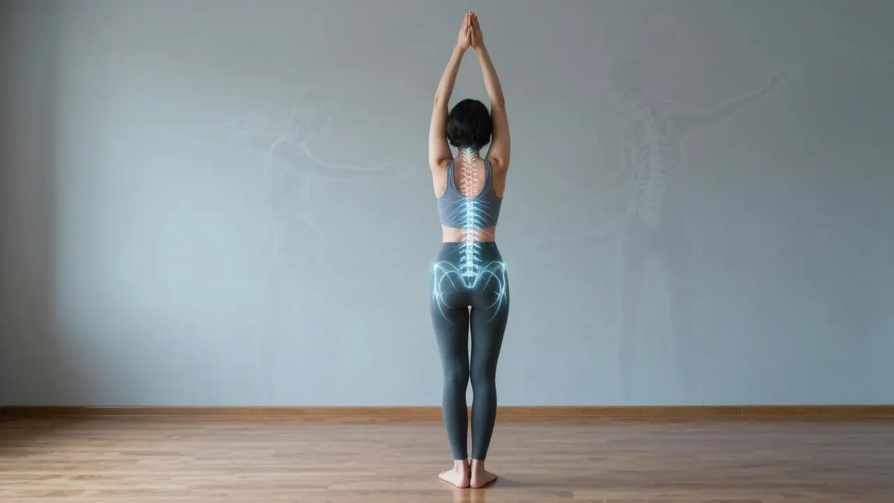 Osoba se protahuje, zatímco stíny ztuhlosti postupně mizí, symbolizující obnovu pohyblivosti.