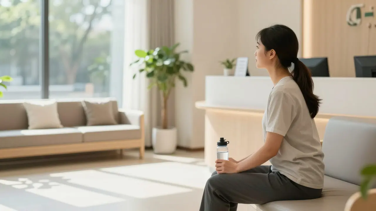 Pacient v rehabilitační ordinaci při poradě s lékařem.