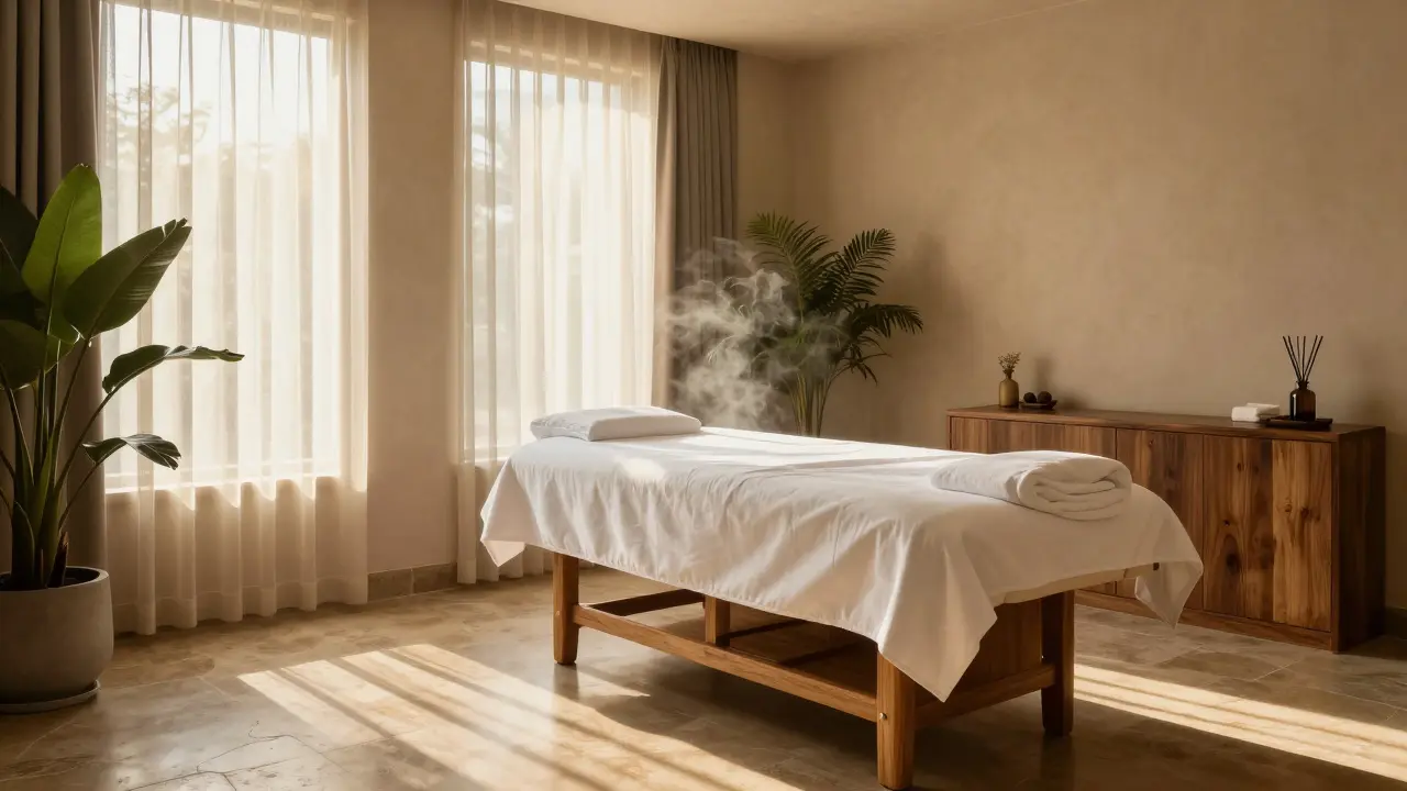 Prázdná léčebna wellness centra s přirozeným světlem a aromaterapií