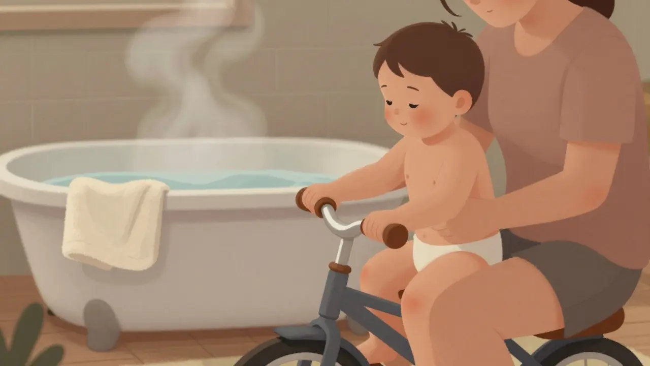 Rodič jemně krouží nožkami batolata jako na kole, dítě se usmívá.