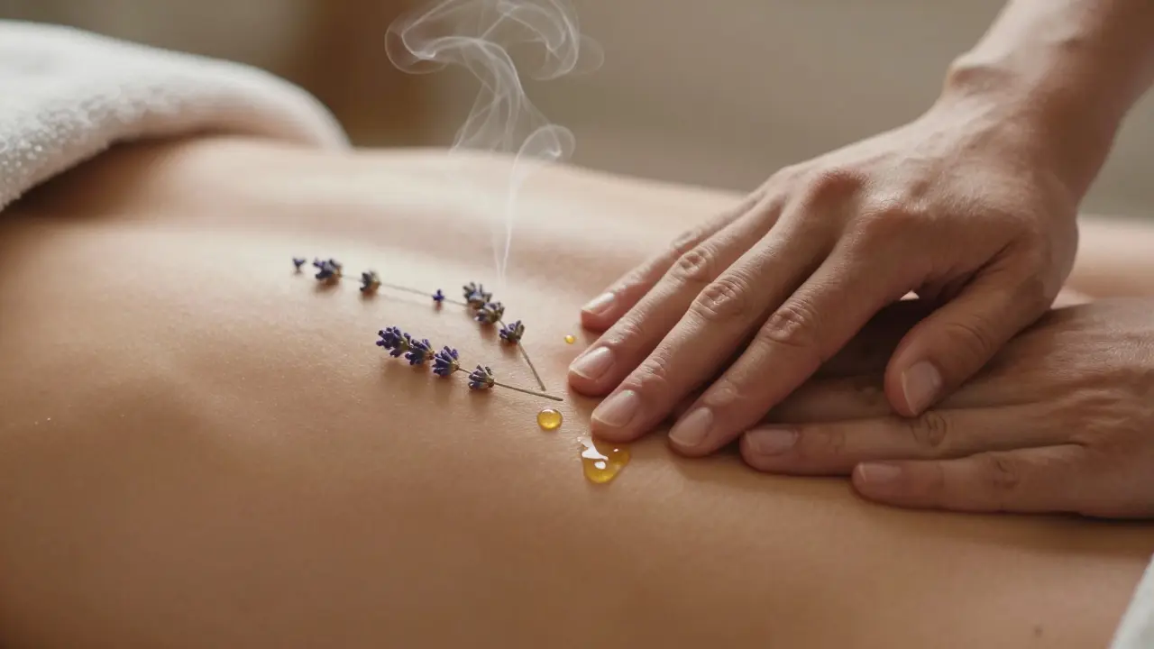 Ruce aplikují jemný tlak na svaly vedle páteře s kapkami oleje na kůži.