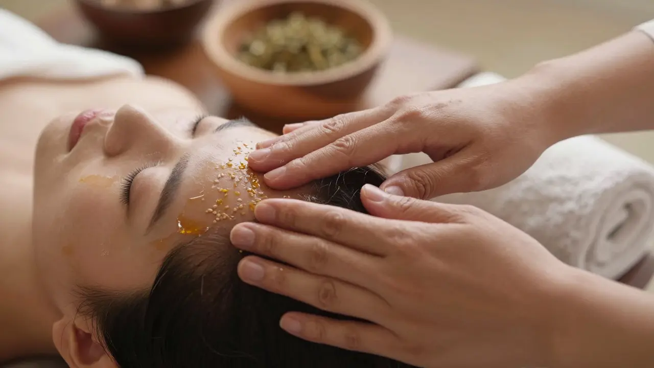 Ruce masírují čelo a oblast za ušima teplým olejem, který se leskne na kůži při měkkém světle.