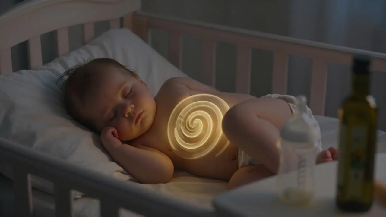 Spící kojenec na plátně, zlatá spirála symbolizující uvolnění plynu nad bříškem.