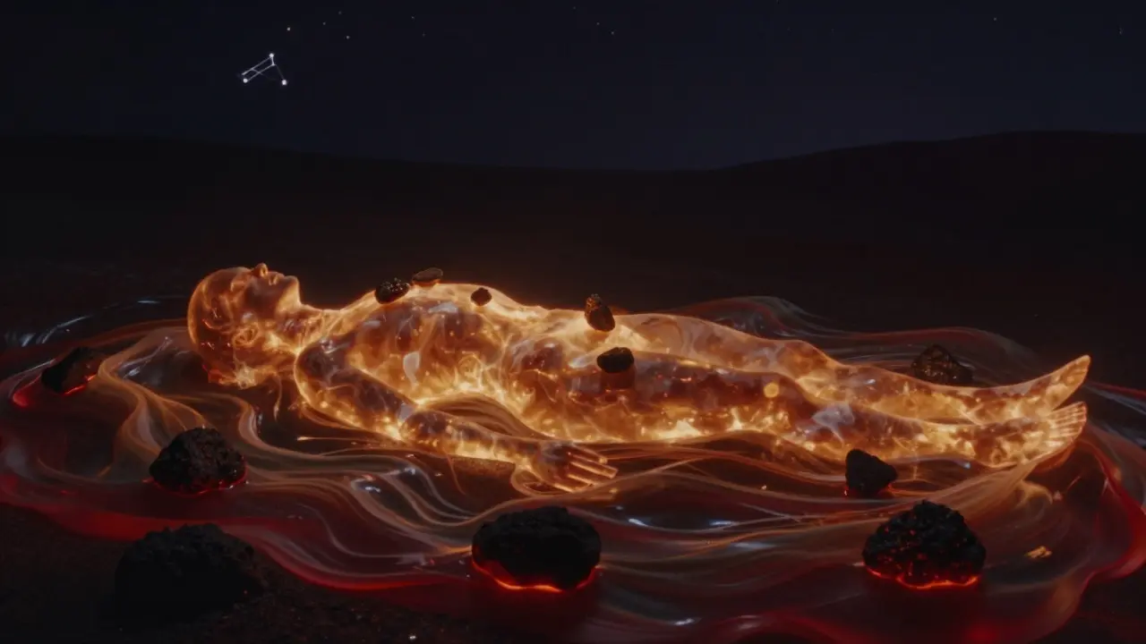 Tělo je obklopeno teplými vlnami světla, které odstraňují stres, symbolizující hlubokou relaxaci a vnitřní klid.