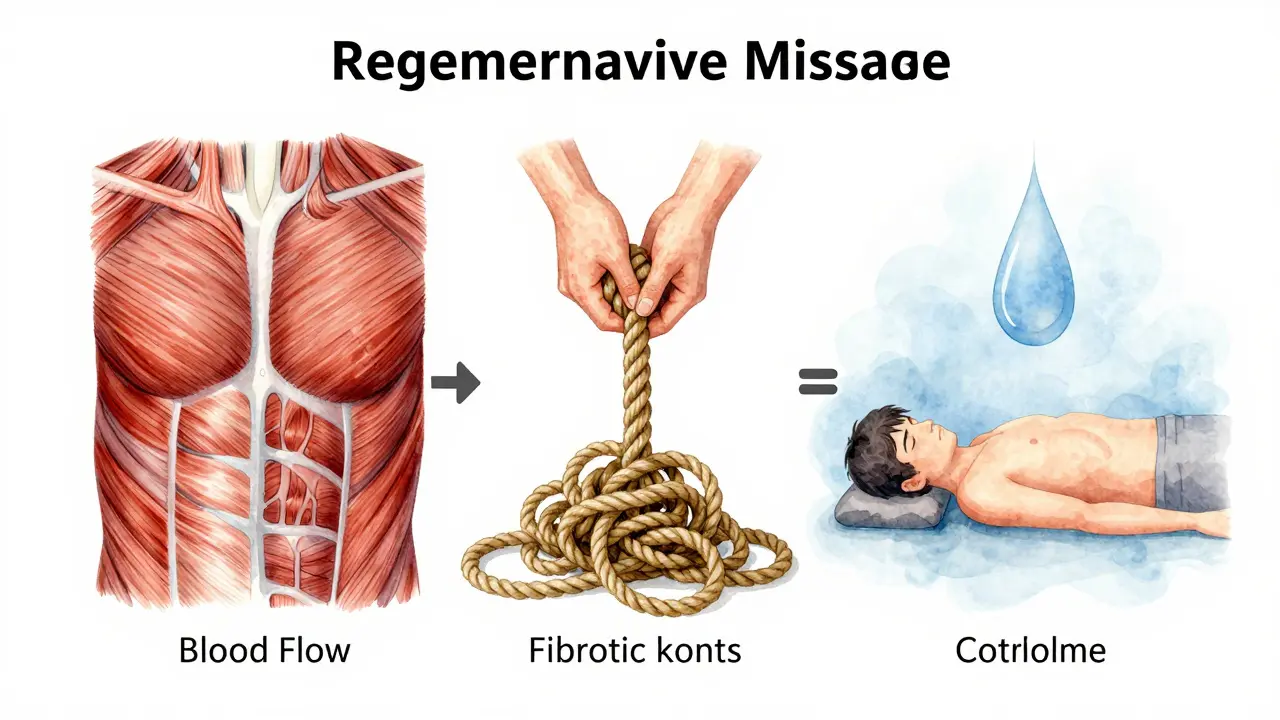Tři vizuální mechanismy regenerační masáže: zlepšený oběh, rozklad ztuhlých tkání a snížení stresového hormonu.