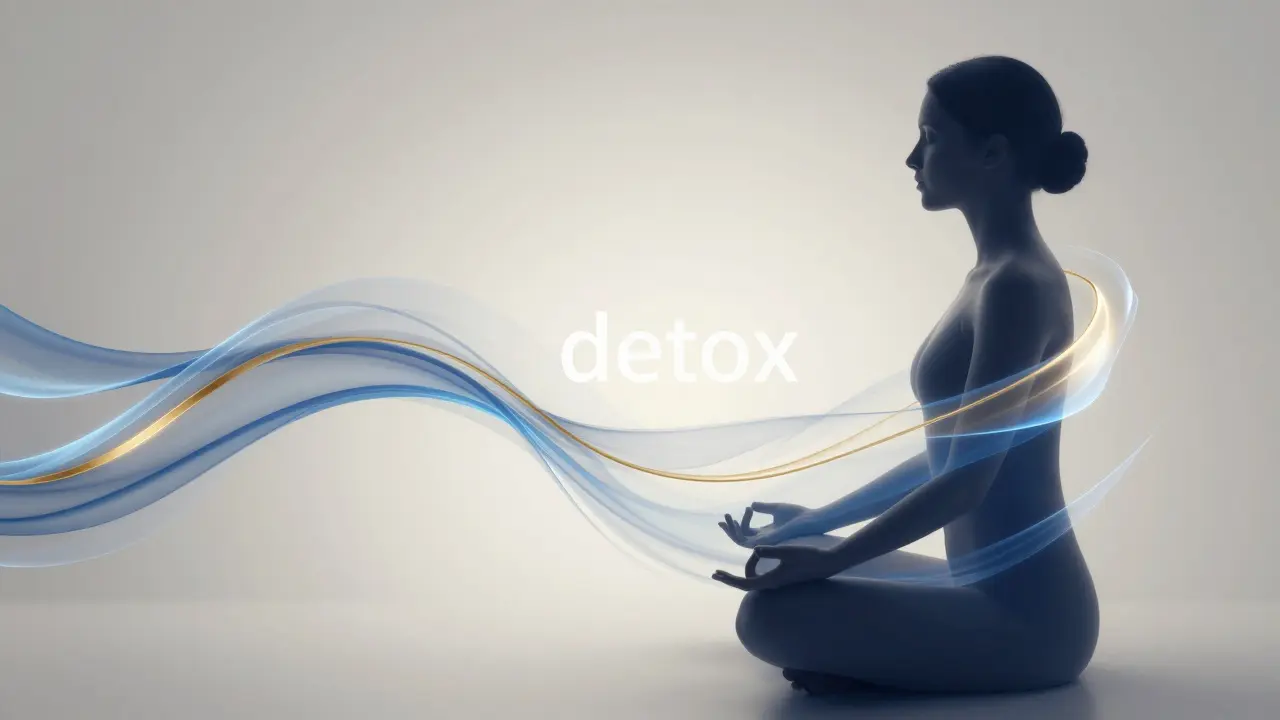 Abstraktní zobrazení člověka v meditaci s proudícími energickými vlnami kolem těla.