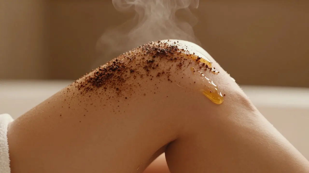 Detail kávového peelingu a masážního oleje na pokožce stehna.