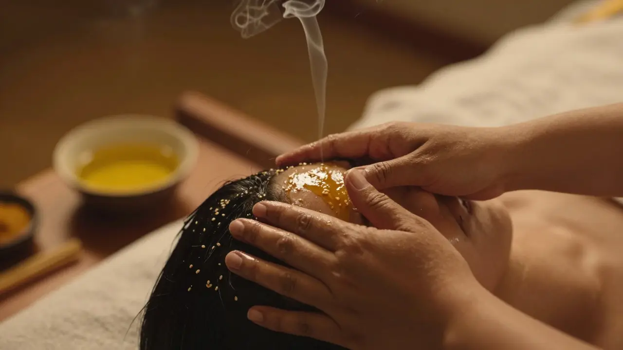 Detail rukou při ayurvédické masáži hlavy s použitím teplého zlatavého oleje.
