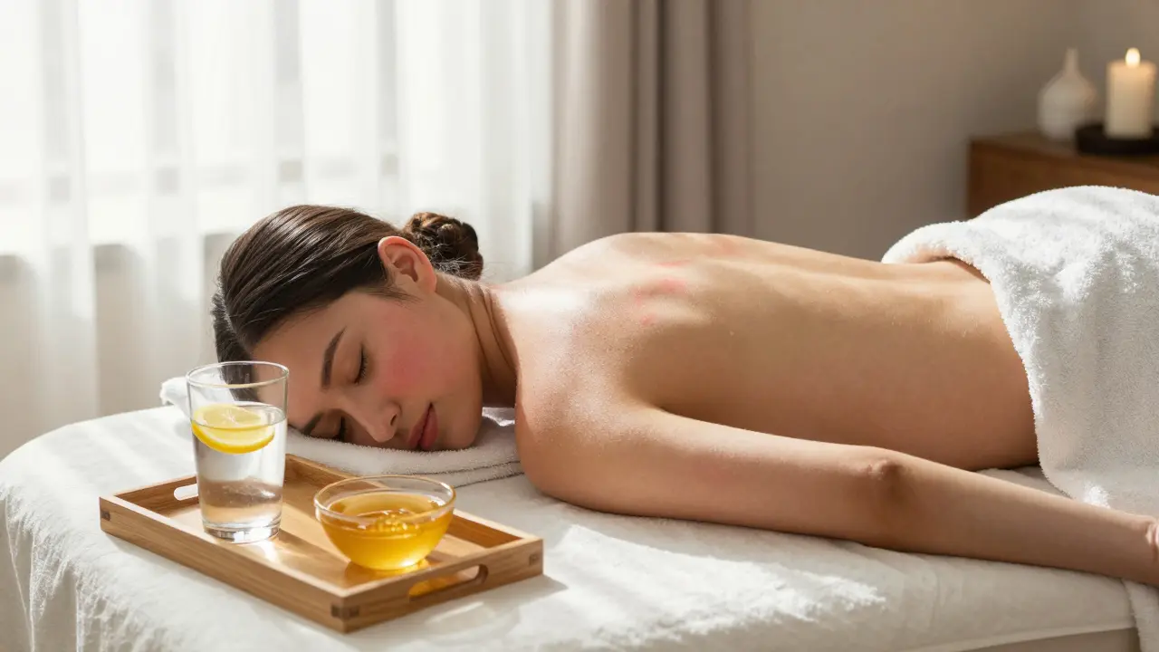 Klidná osoba po medové masáži s pohárem vody pro hydrataci