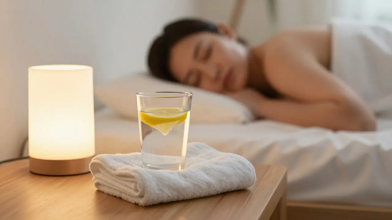 Klidná scéna s vodou a ručníkem vedle spící osoby, vyjadřující hluboký relax po masáži.