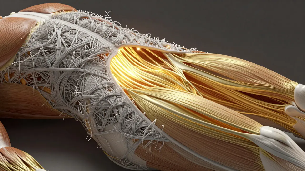 Konceptuální zobrazení uvolňování ztuhlých fascií a jizev v tkáních.