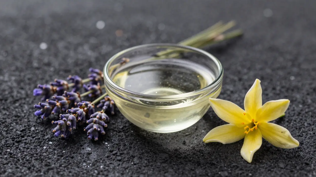 Mis idealized kokosového oleje s květy levandule a ylang-ylang na tmavém kameni.