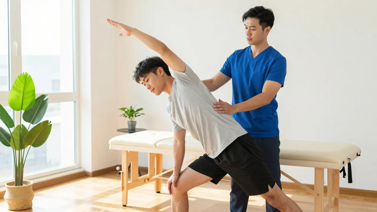 Pacient při cvičení v rehabilitačním centru pro obnovu hybnosti.