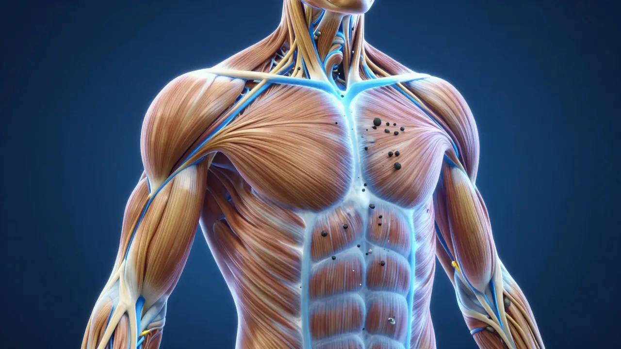 Stylizovaná ilustrace svalů s proudícími zlatými světly odvádějícími toxiny z těla.