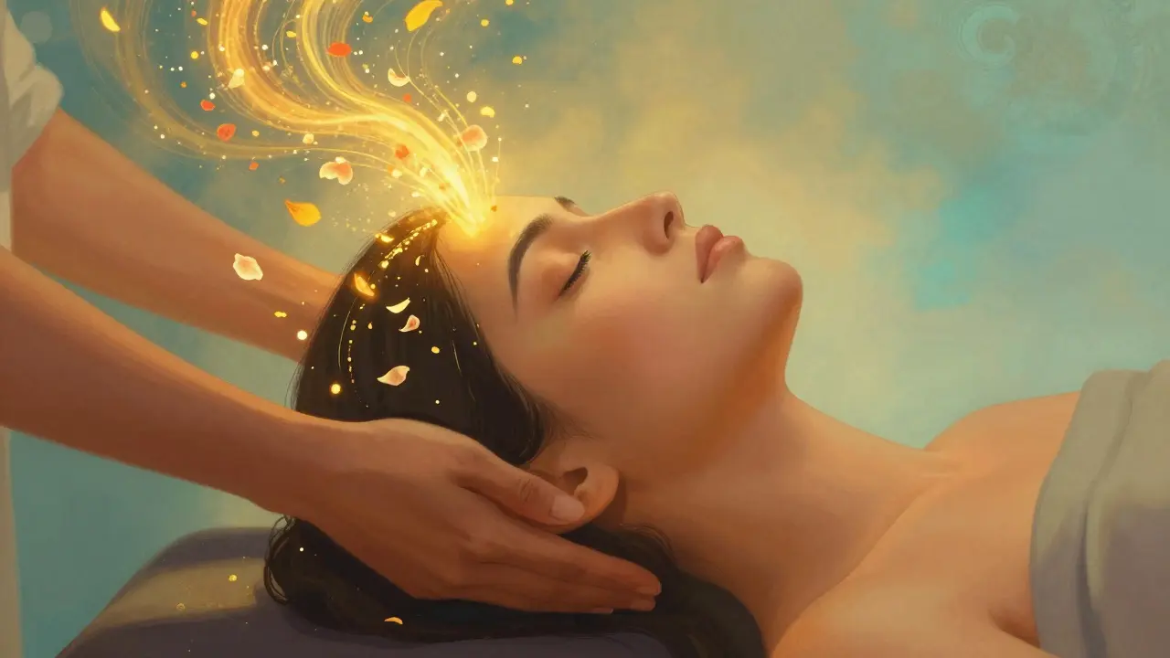 Umělecký obraz člověka v hlubokém relaxu s přibmrlvavými zlatými proudy energie.