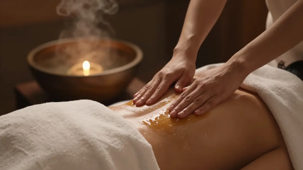 Relaxační masáž horkým olejem na zádech ve wellness