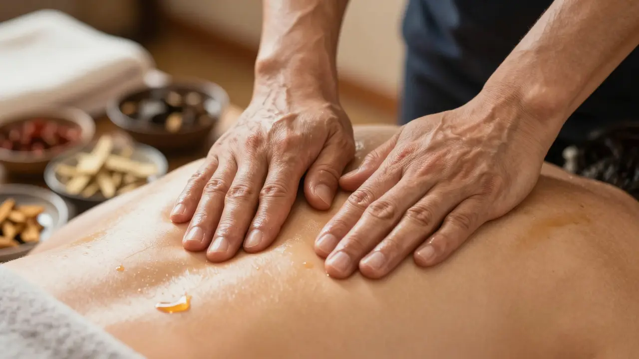 Detail rukou terapeuta provádějících tlakové techniky Tuiny