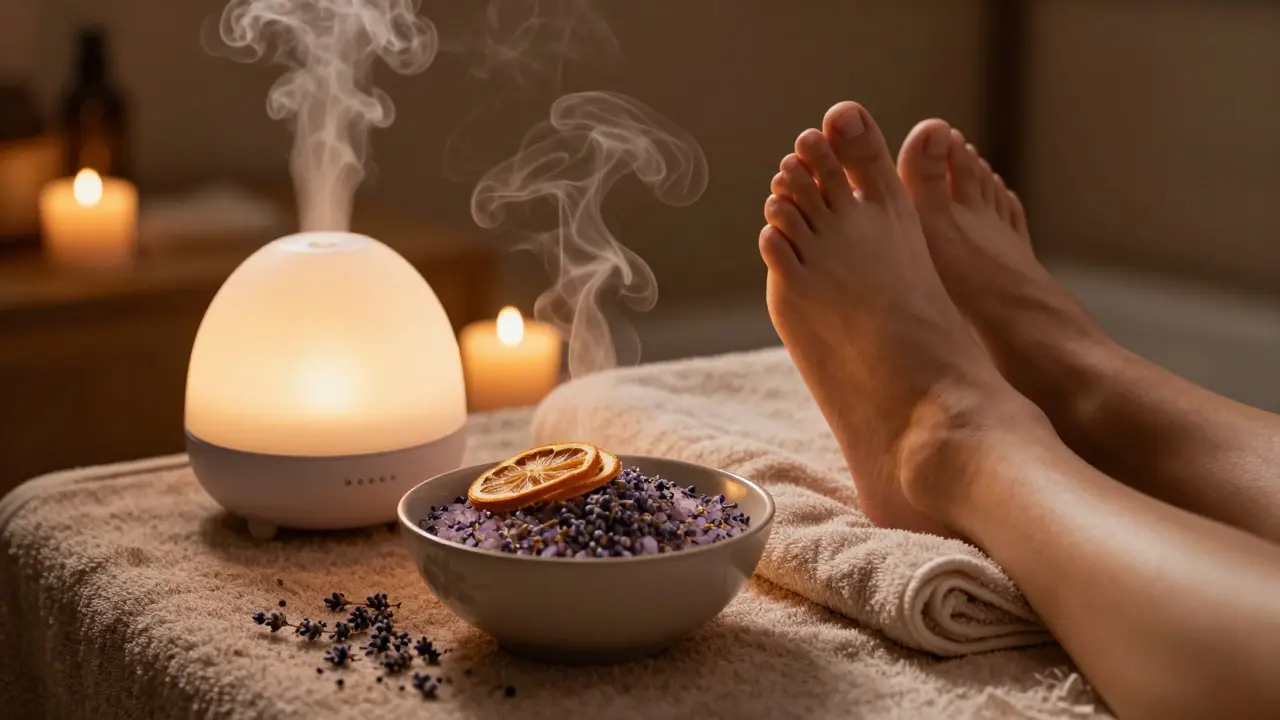 Domácí relaxační rituál s koupelí, difuzérem a svíčkami pro snížení stresu