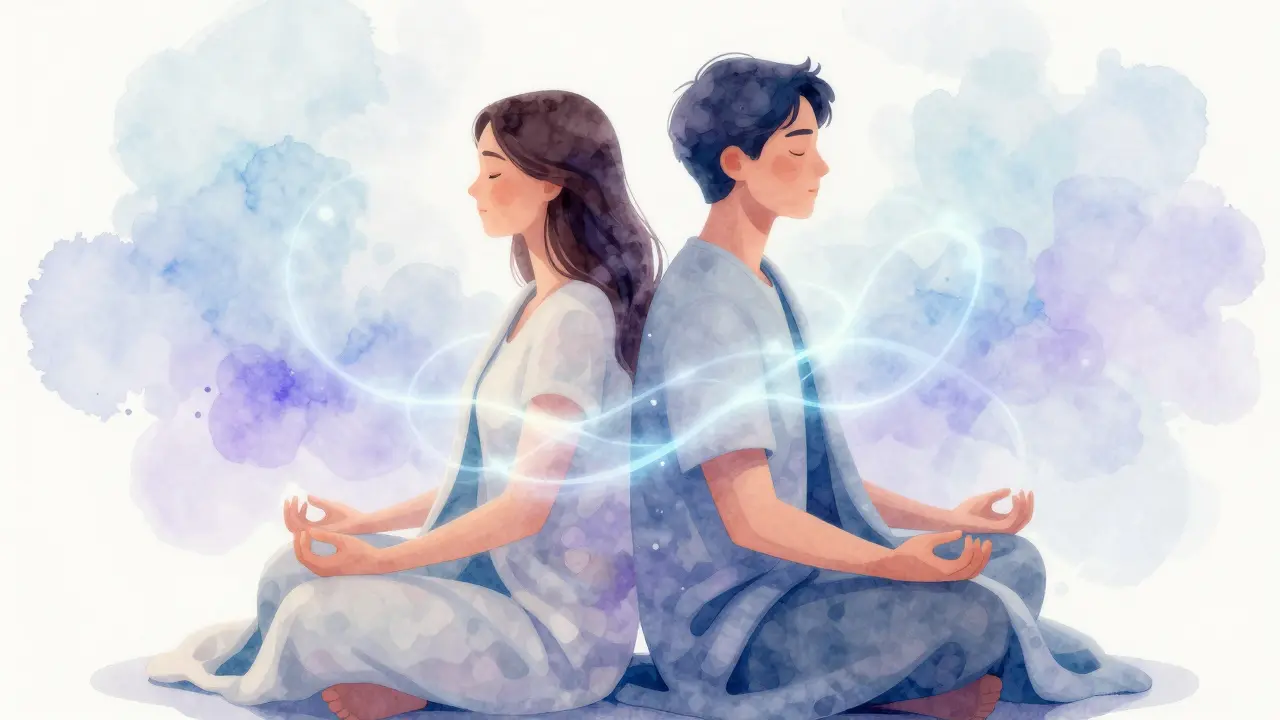 Pár v meditativní póze symbolizující důvěru a propojení