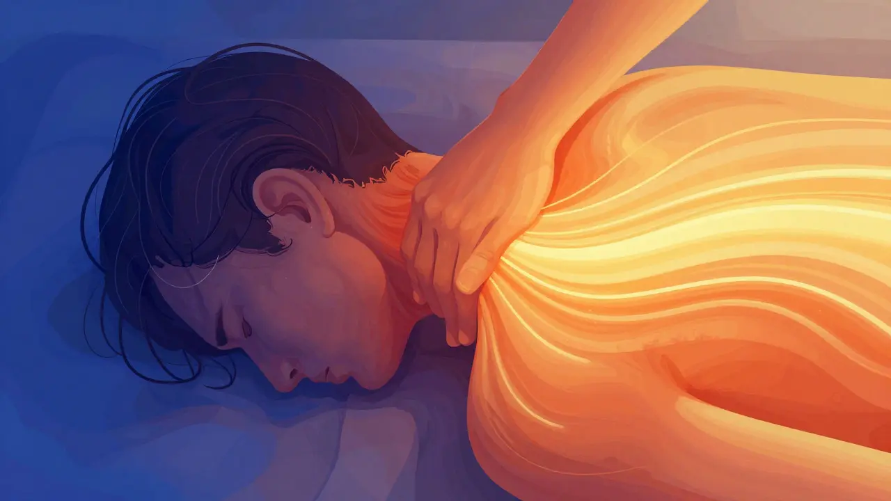 Abstraktní ilustrace přechodu od bolesti k úlevě pomocí rukou a světla