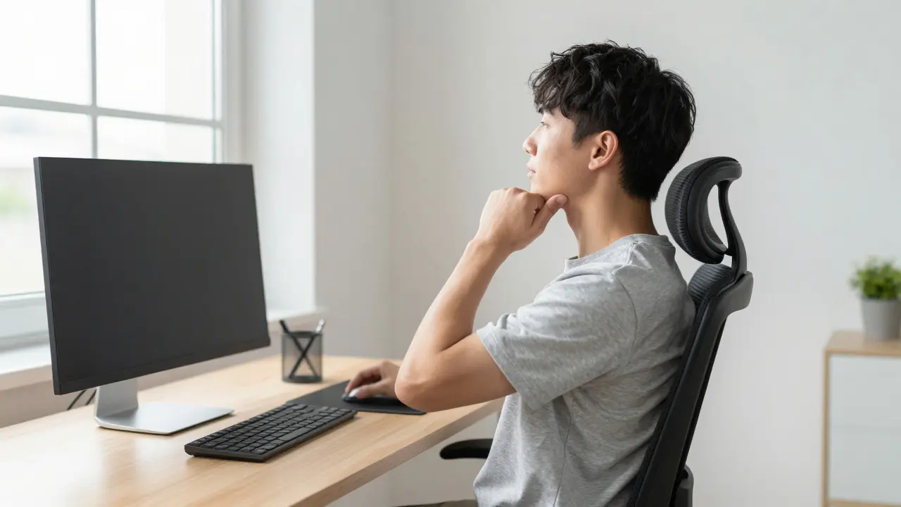 Člověk provádějící cvik chin tuck v ergonomicky vybavené kanceláři