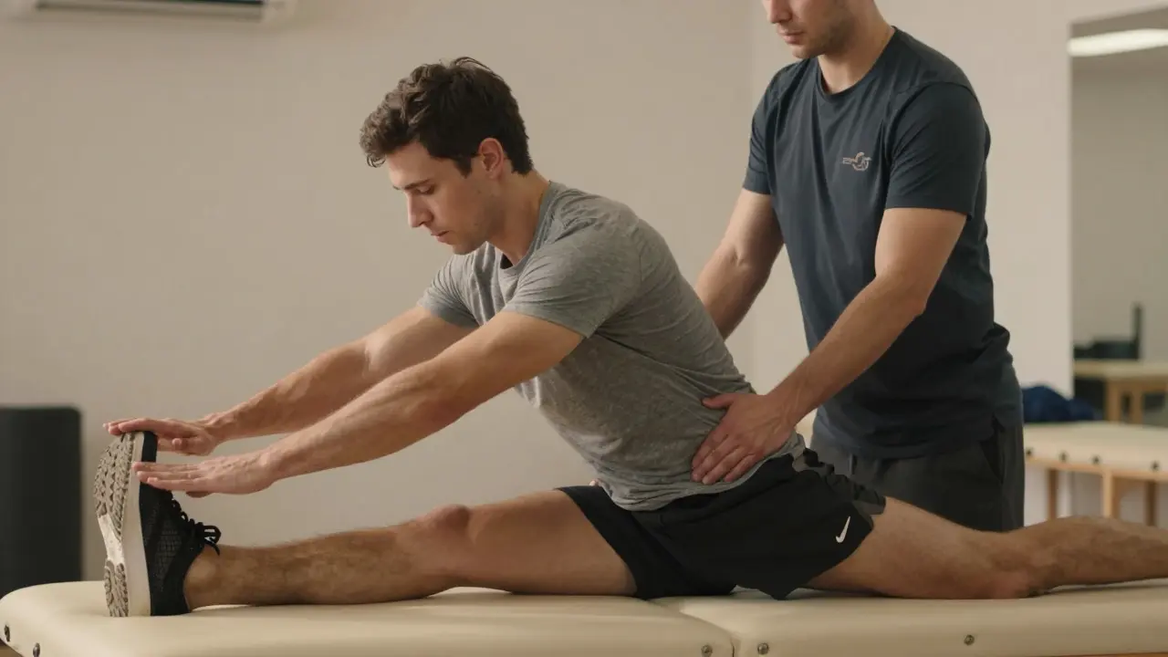 Sportovec cvičí s asistencí terapeuta pro obnovení pohyblivosti