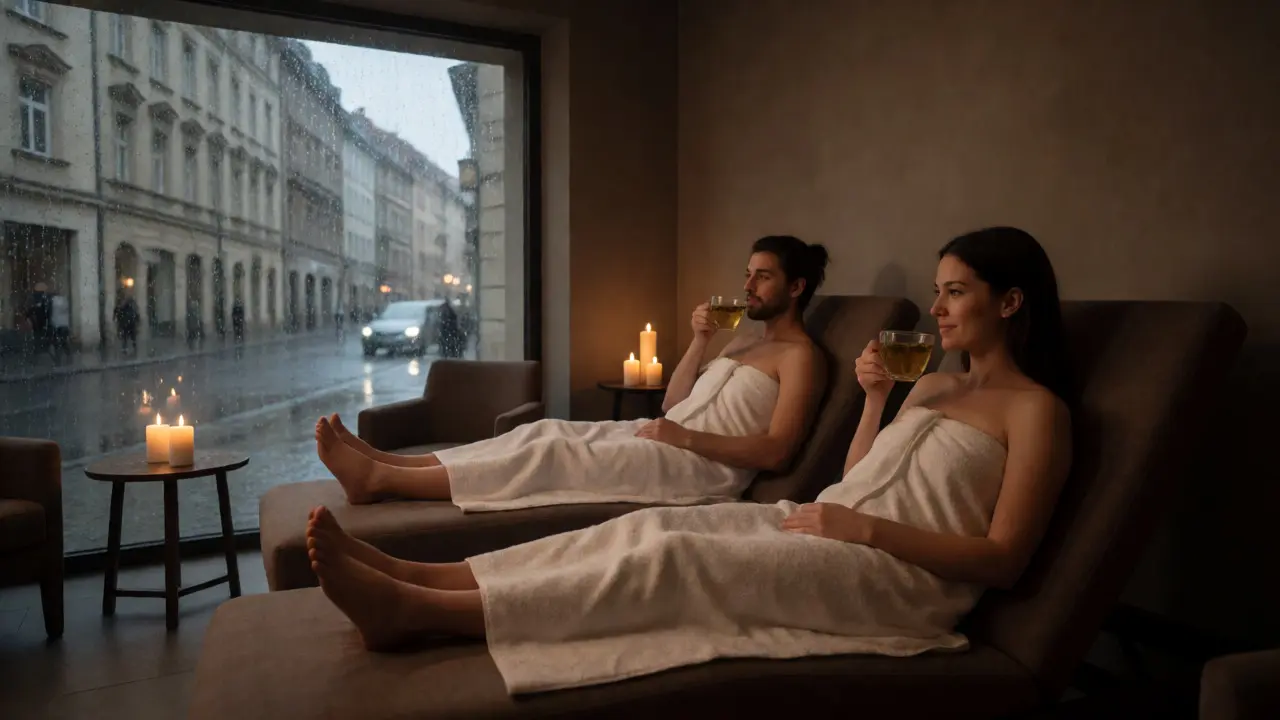 Dvojice relaxující po čokoládové masáži v romantickém prostředí wellness centra