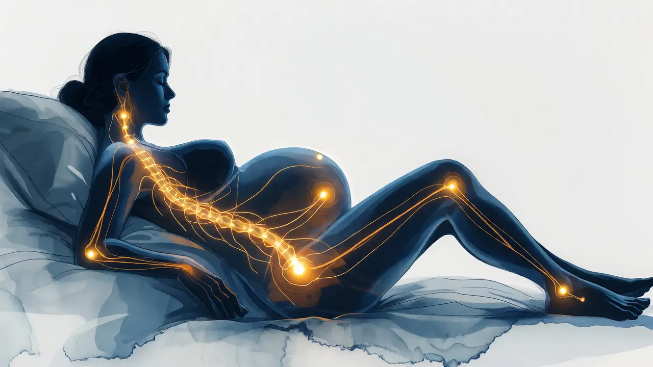 Konceptuální ilustrace energetických drah TČM na těle těhotné ženy