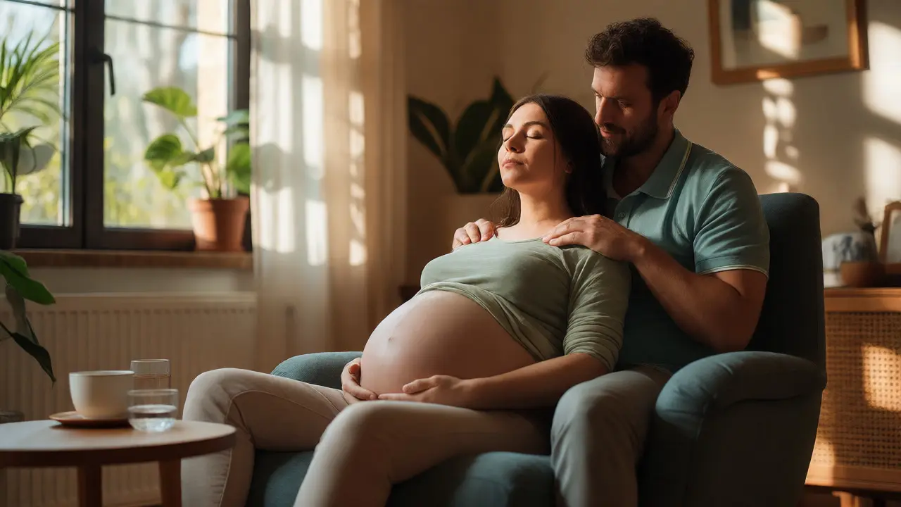 Partner masíruje ramena těhotné ženy v klidném domácím prostředí
