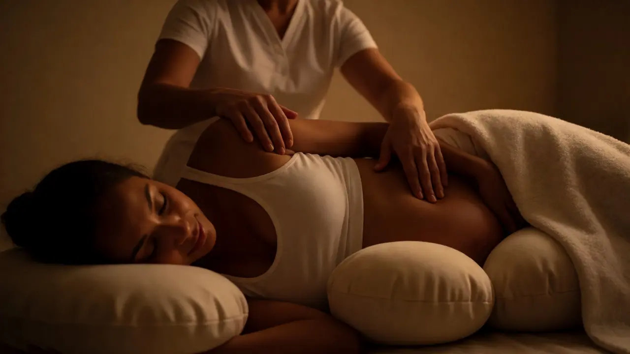 Těhotenská masáž na boku s podporou polštářů ve spa centru