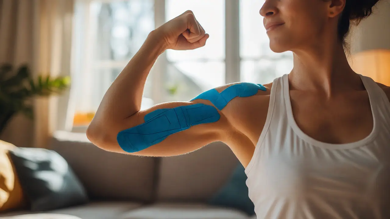 Osoba s úspěšně zatejpeným bicepsem vyjadřující úlevu od bolesti